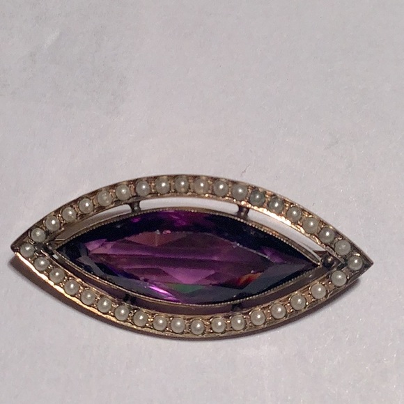 *RARE* VINTAGE F&B (FOSTER & BAILEY) AMETHYST SEED PEARL GOLD FILLED PIN BROOCH - Picture 6 of 6